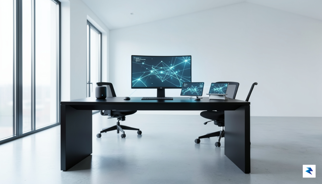 A conceptual, futuristic workspace showing a sleek, minimalist desk with…