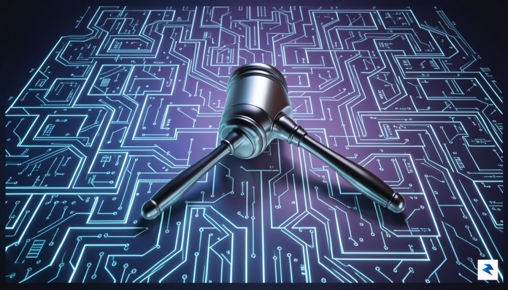 A conceptual digital illustration showing a complex maze of glowing…