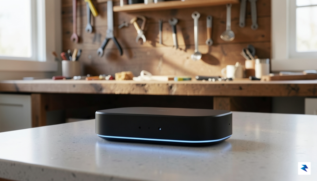 A sleek, minimalist smart home device sitting on a kitchen…