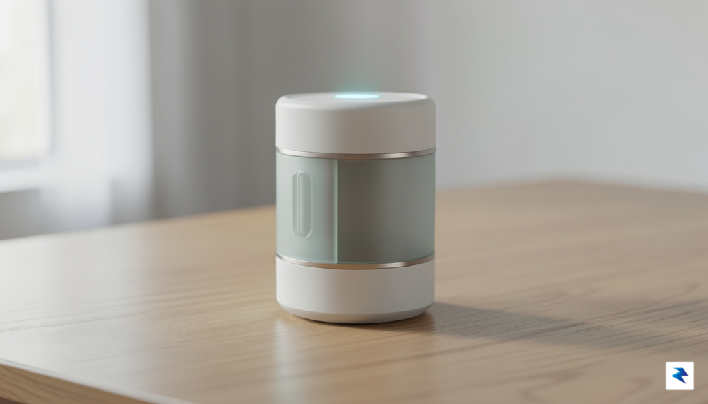 A conceptual, minimalist smart home device sitting on a wooden…