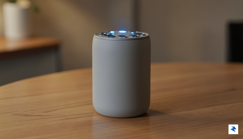 A sleek, minimalist smart speaker device with a matte texture,…