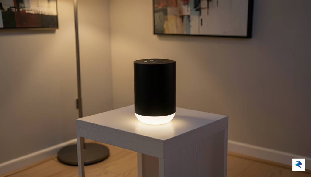 A sleek, minimalist smart speaker with a soft, glowing orb…