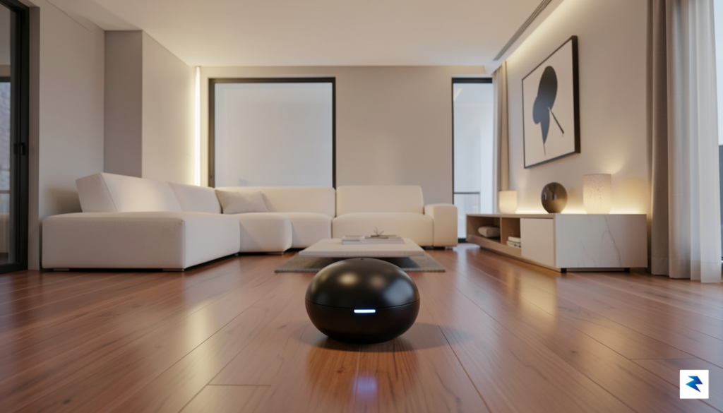 A sleek, minimalist smart home environment where a small, rounded&hellip;