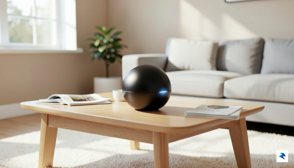 A sleek, minimalist spherical device with a subtle glow, resting&hellip;