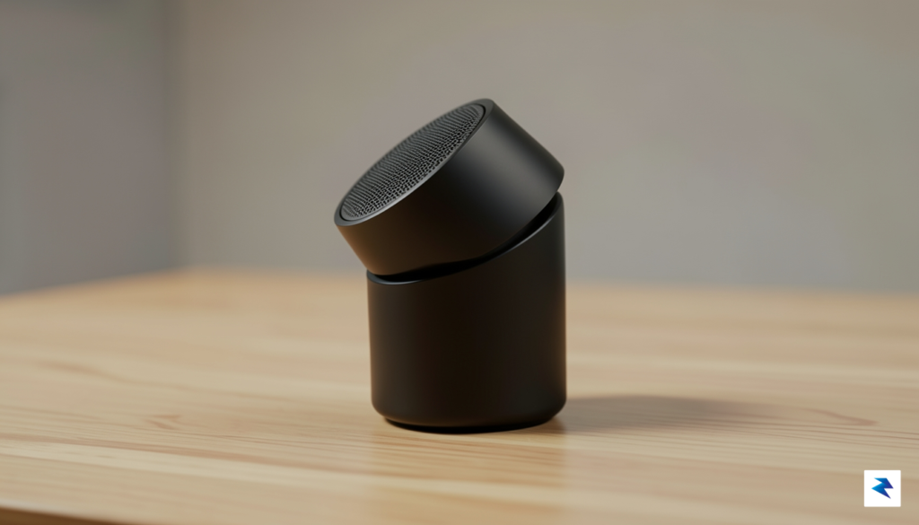 A sleek, minimalist smart speaker device on a modern wooden&hellip;
