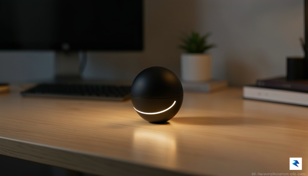 A sleek, minimalist spherical device with a subtle, glowing ring&hellip;