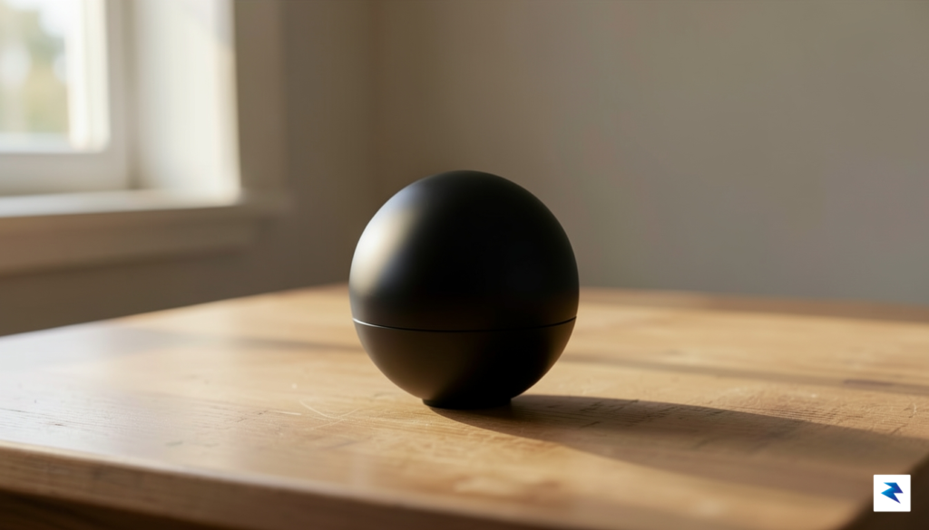 A sleek, minimalist spherical device sitting on a wooden desk,&hellip;