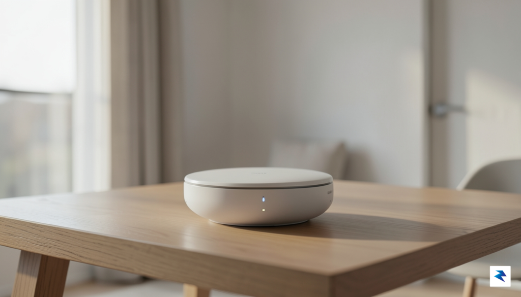 A conceptual, minimalist home interior featuring a sleek, circular device&hellip;