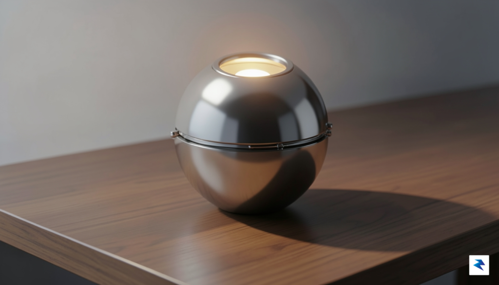 A sleek, minimalist spherical device on a modern wooden desk,&hellip;