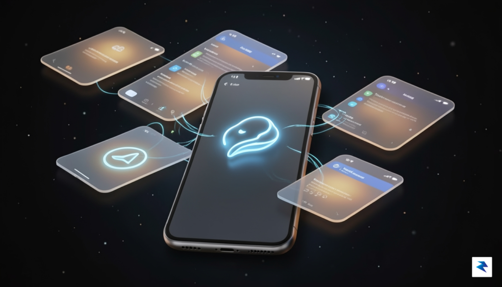 A sleek, futuristic smartphone interface showing a glowing, fluid AI…