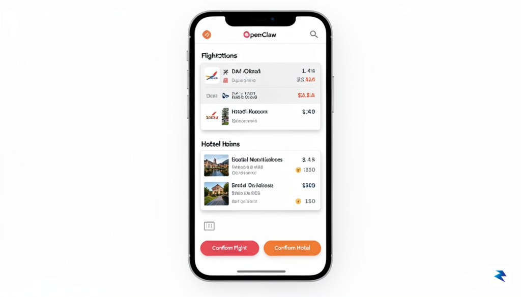 A smartphone screen showing OpenClaw summarizing flight and hotel options…