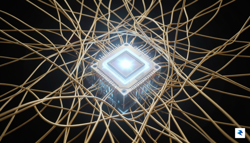 A conceptual visualization of a complex, glowing quantum processor chip&hellip;