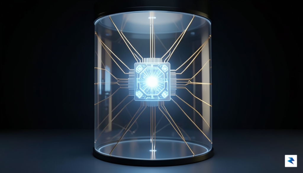 A sleek, high-tech conceptual visualization showing a glowing, symmetrical quantum&hellip;