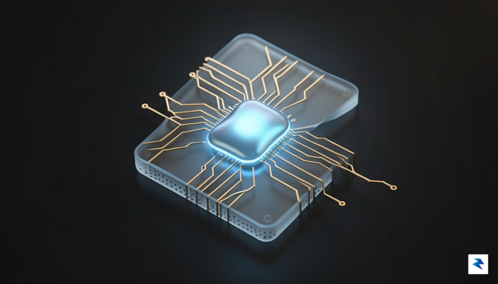 A sleek, futuristic quantum computing processor core glowing with soft&hellip;