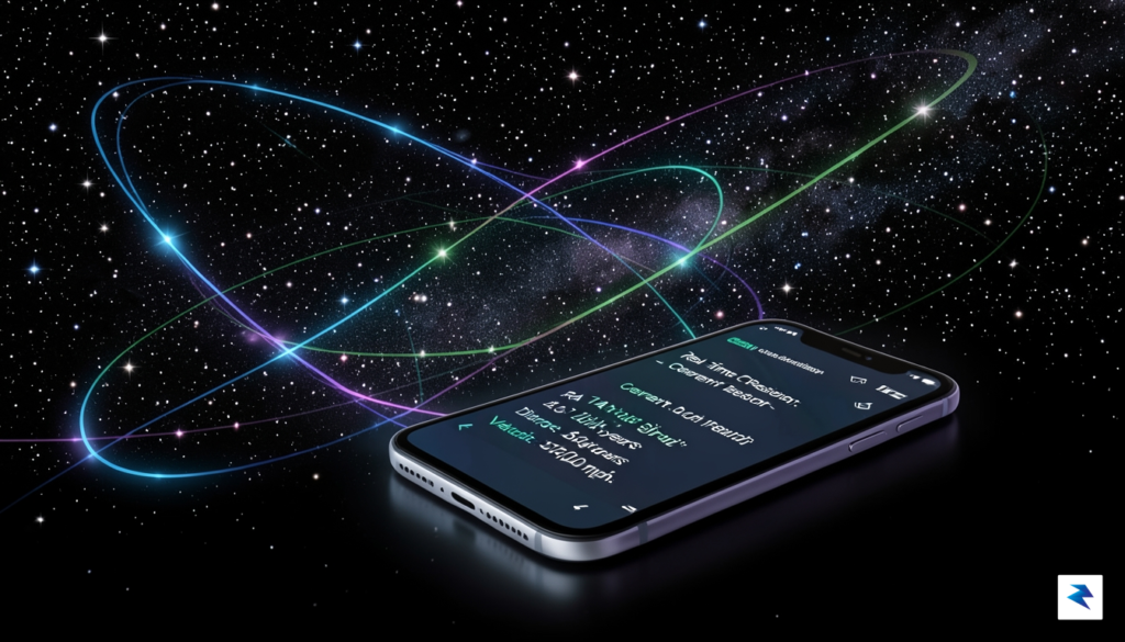 A digital visualization showing glowing orbital paths overlaid on a…
