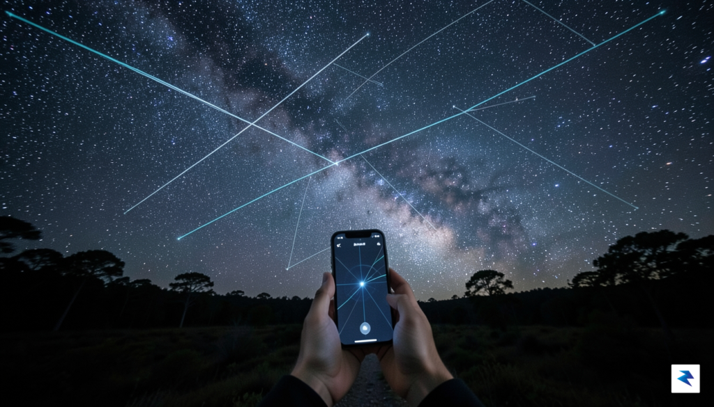 A wide-angle, long-exposure shot of a starlit night sky, with…