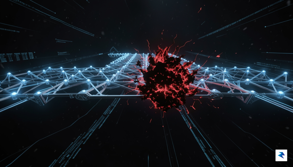 A digital visualization of a glowing network node bridge being…