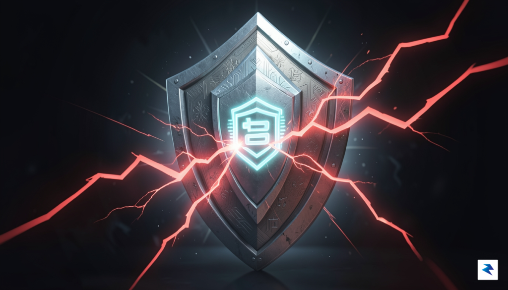 A digital illustration showing a multi-layered shield protecting a glowing…