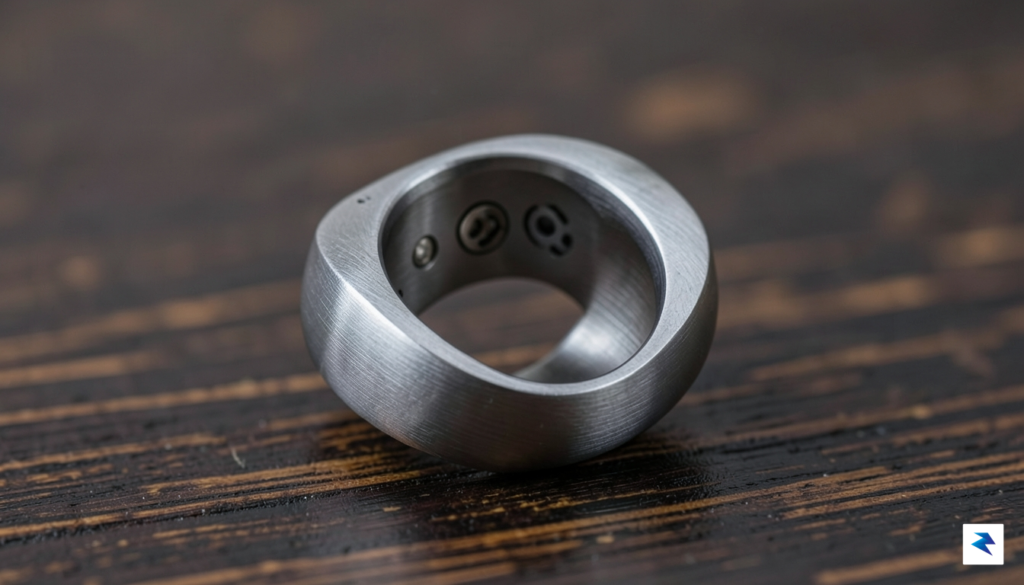 A close-up macro shot of the Oura Ring 5 resting…