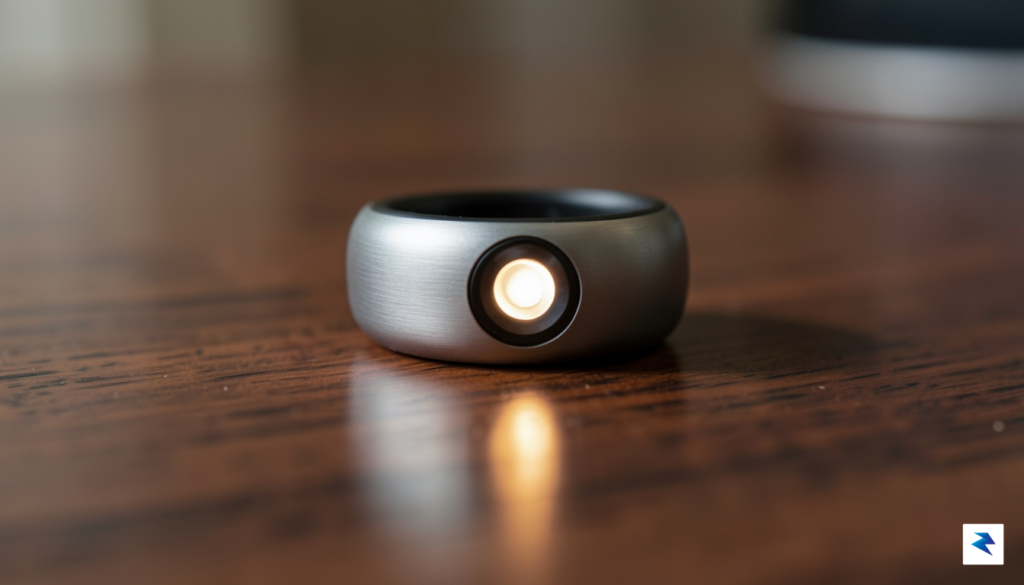 A close-up, high-definition photograph of an Oura Ring 5 resting…