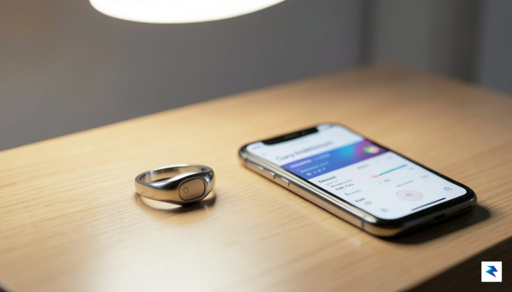 A close-up, high-definition studio photograph of an Oura Ring 5…