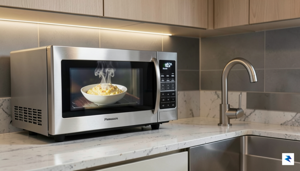 A sleek, modern kitchen countertop featuring a stainless steel Panasonic…