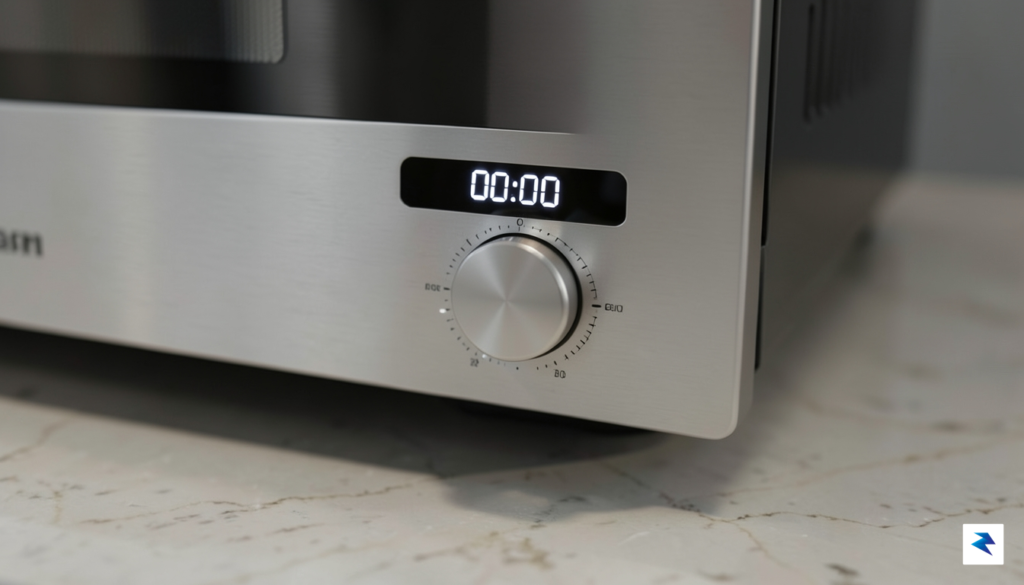 A close-up, high-resolution shot of a sleek, minimalist Panasonic microwave…