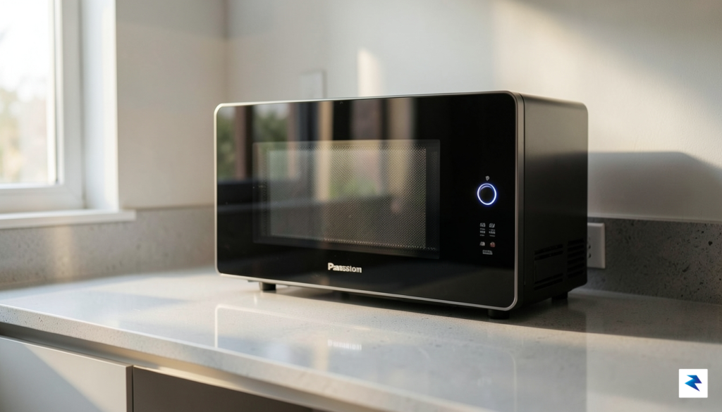 A sleek, modern kitchen countertop featuring a minimalist Panasonic microwave…