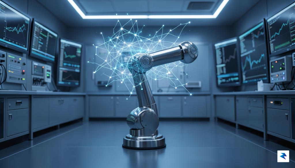 A high-tech laboratory showing a sleek robotic arm working in&hellip;