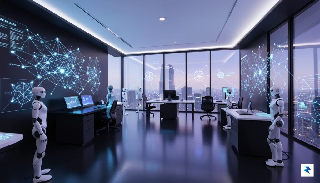 A high-tech, futuristic office space with digital overlays of neural&hellip;