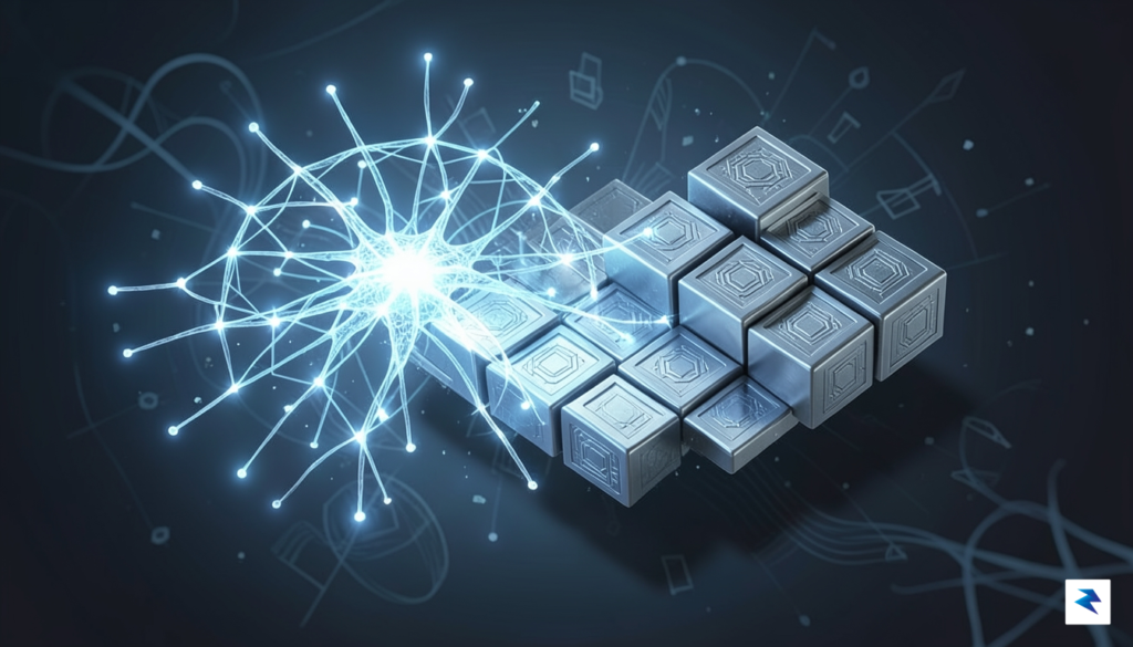 A conceptual digital illustration showing a glowing neural network merging&hellip;