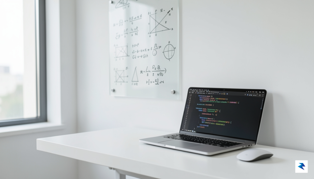 A close-up, high-definition photo of a clean, minimalist workspace featuring…