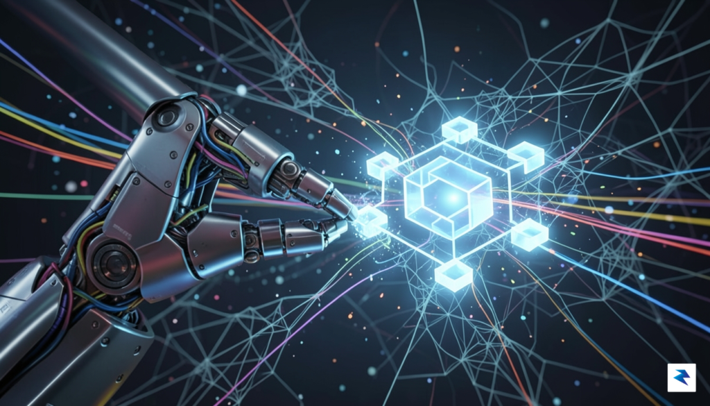 A futuristic digital art piece showing a robotic arm interacting…