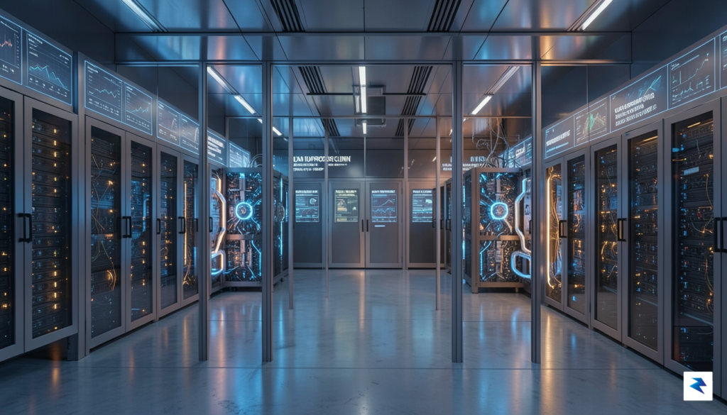 A sophisticated, high-resolution rendering of a futuristic data center integrated…