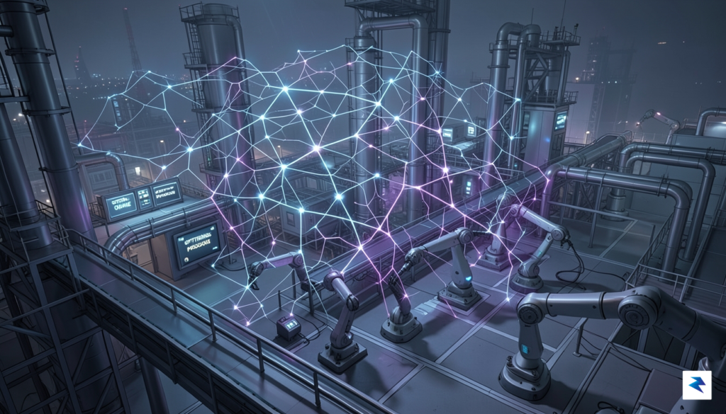 A conceptual digital illustration showing a glowing neural network mesh…