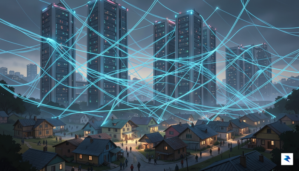 A digital illustration depicting a massive, interconnected network of glowing…