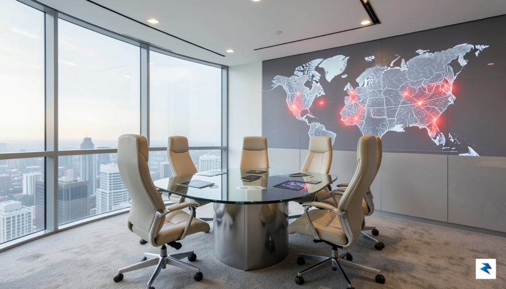 A modern glass-walled corporate boardroom with a globe map projected…