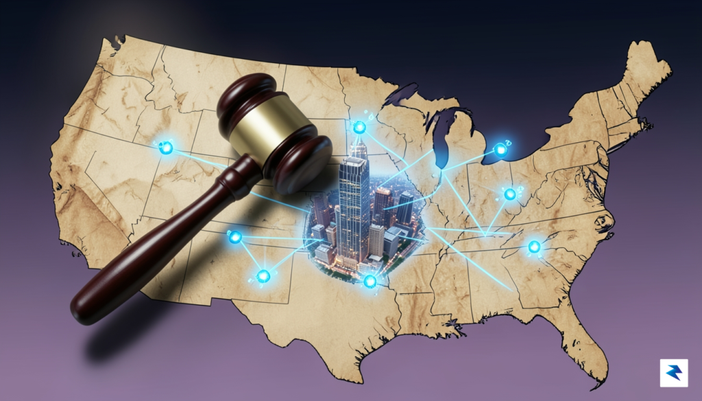 A digital illustration showing a legal gavel resting on a…