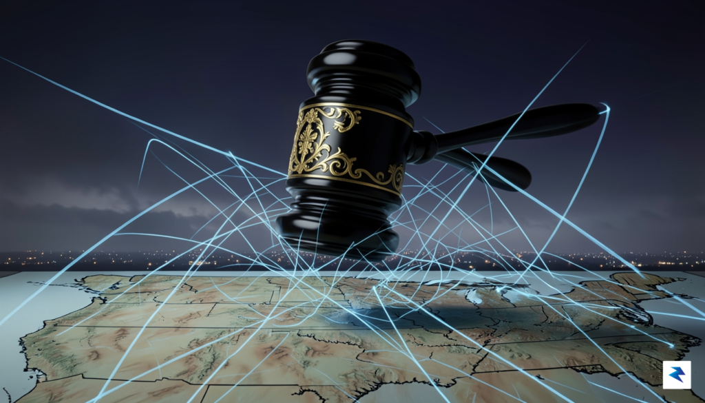 A conceptual digital art piece showing a massive corporate gavel…