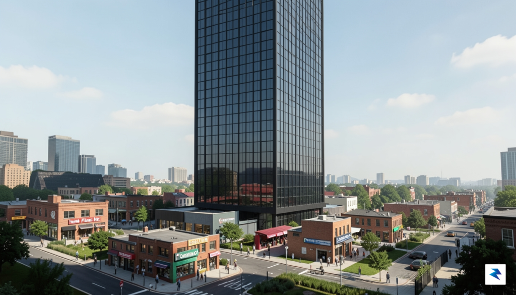 A conceptual digital illustration showing a large, monolithic corporate structure…