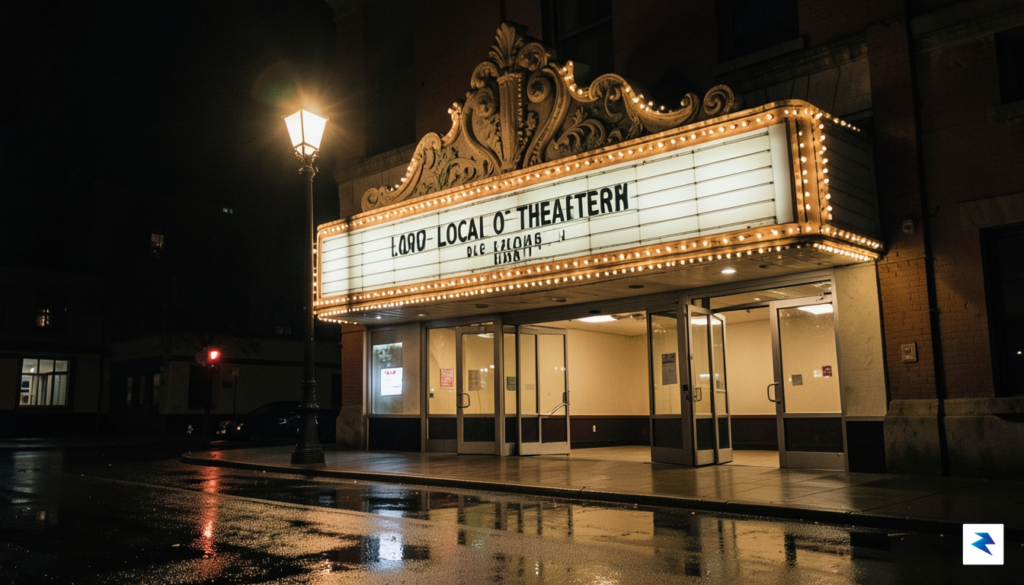 A wide-angle shot of a historic, vintage cinema marquee at…