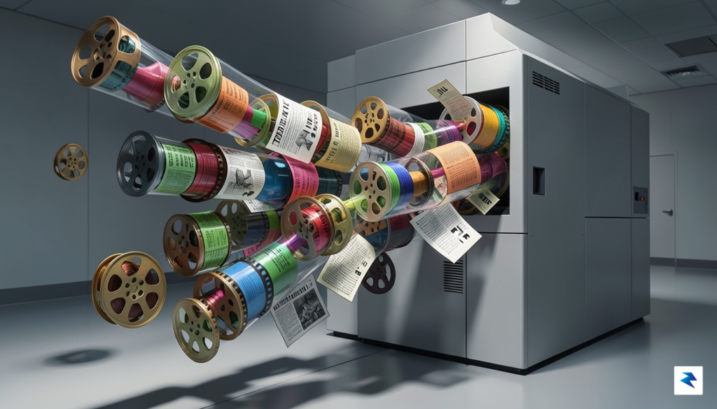 A conceptual illustration showing a group of diverse, colorful film…