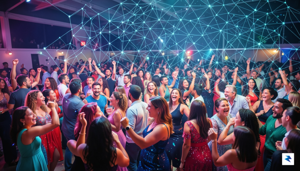A conceptual digital art piece showing a vibrant, colorful party&hellip;