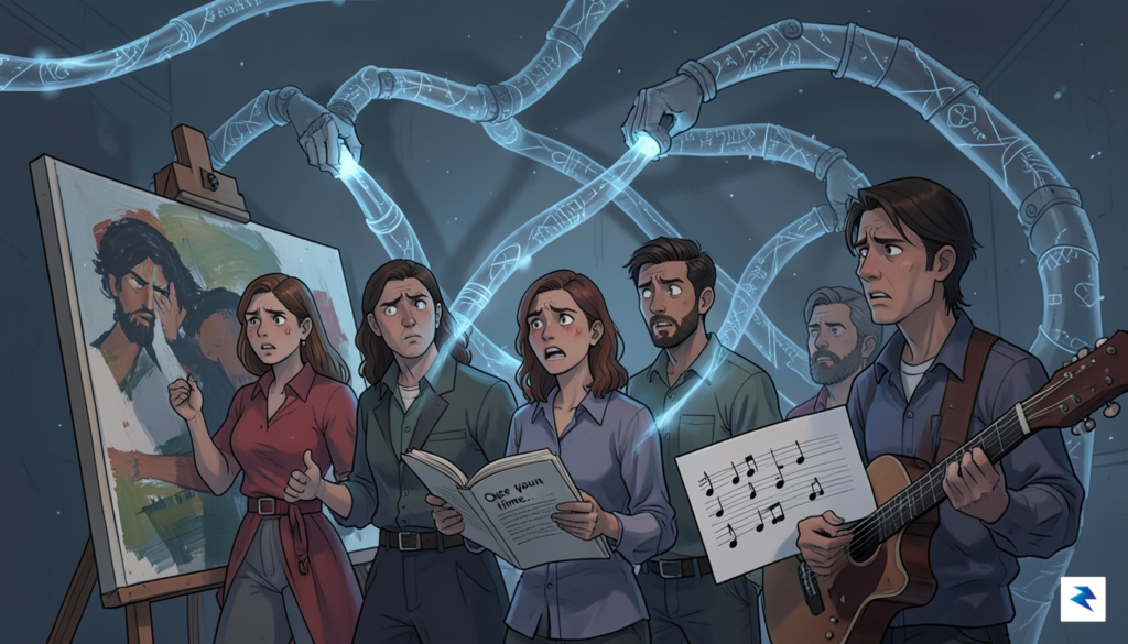 A digital illustration depicting a diverse group of creators (artist,…