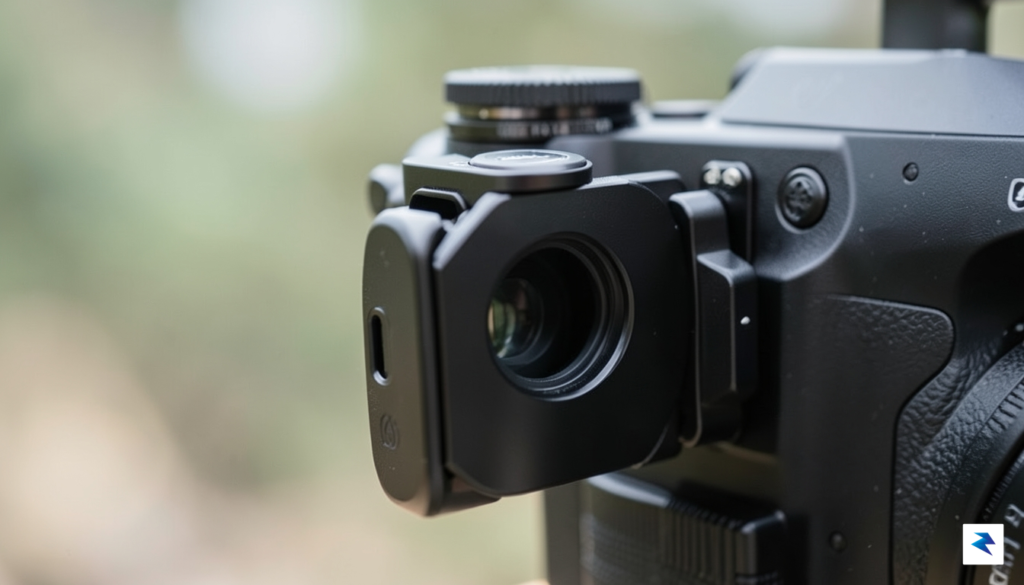A close-up shot of a sleek, matte black camera bracket…