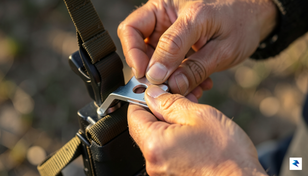 A close-up, high-angle shot of a professional photographer’s hands adjusting…