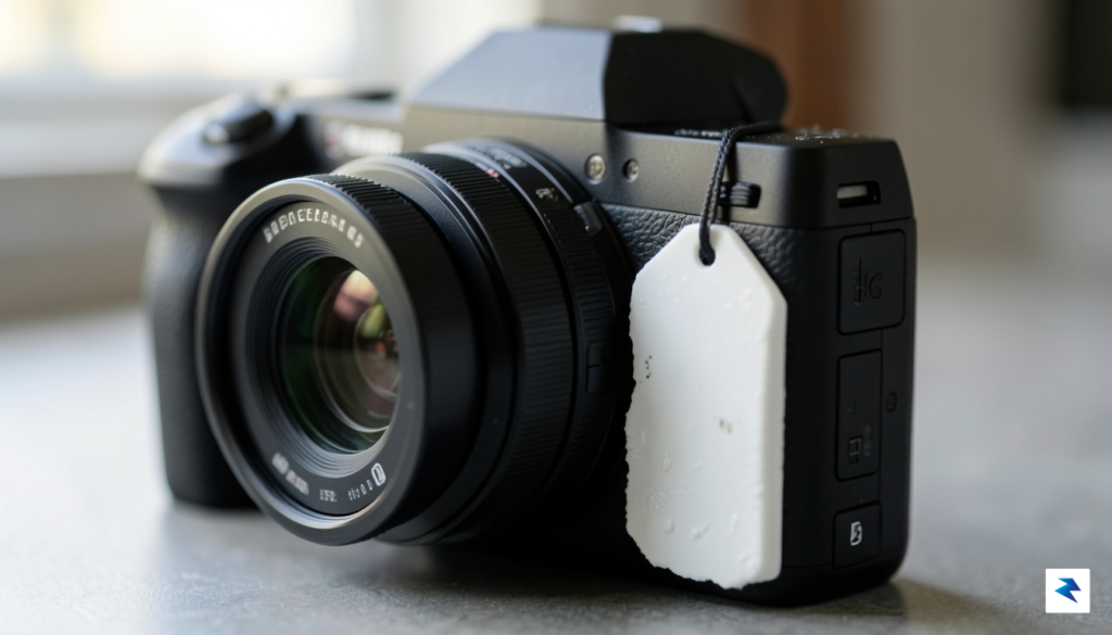 A close-up, high-detail photograph of a professional mirrorless camera with…