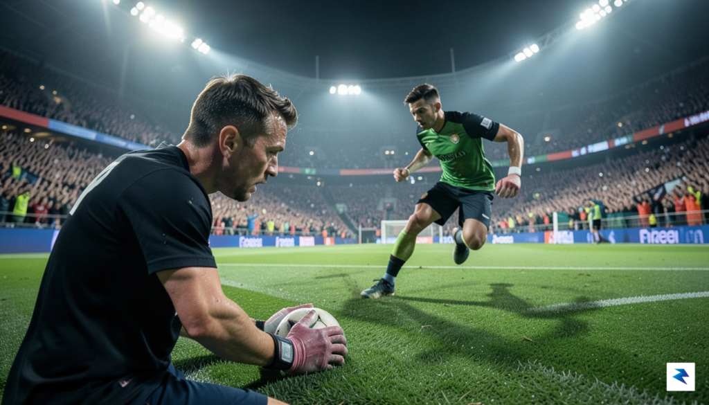 A wide-angle, cinematic shot of a tense penalty shootout in…