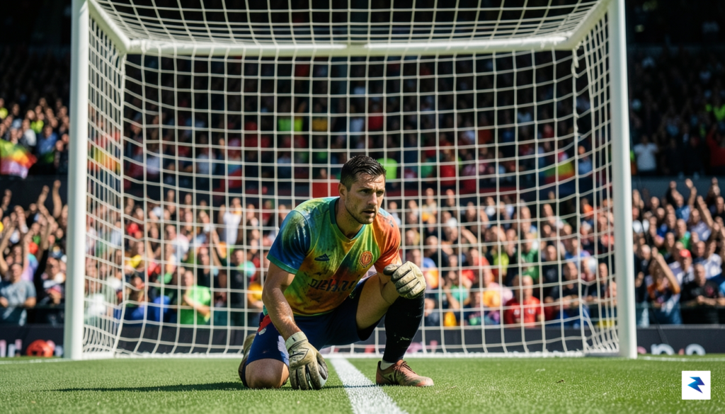 A tense, high-angle shot of a soccer goalkeeper staring down…