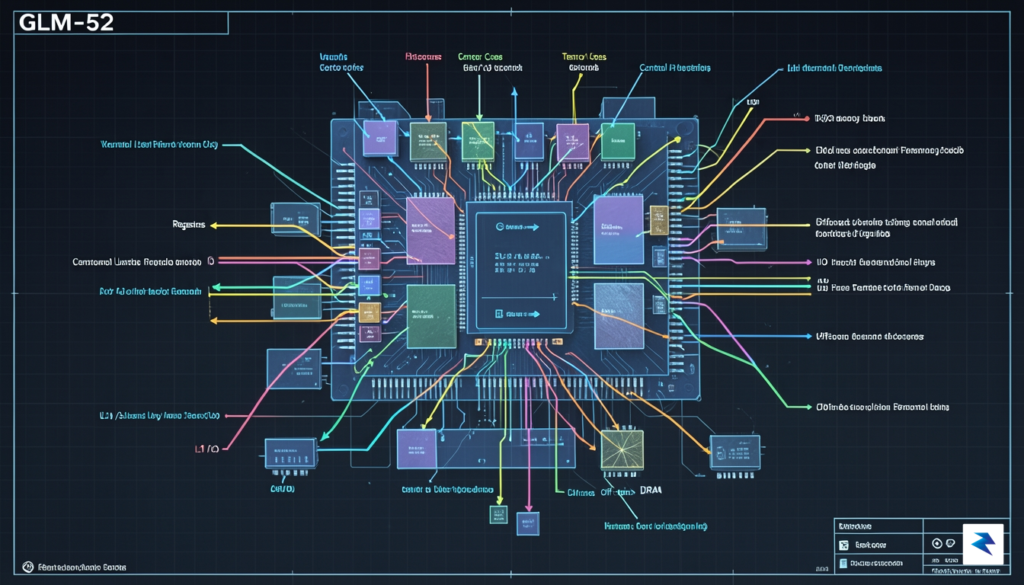 A detailed, stylized architectural diagram of the GLM-52 chip, highlighting&hellip;